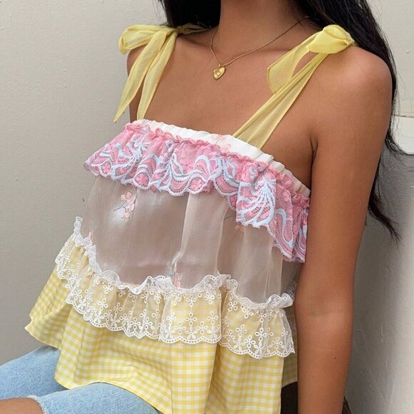 Boho Women's Vacation Plaid multi print Lace Splicing Camisole top - Picture 3 of 7